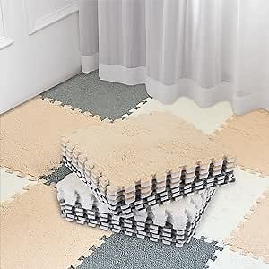 Amylove 72 Pieces Plush Foam Floor Mat Square Interlocking Carpet Tiles with Border 12 x 12 x 0.4 in Fluffy Play Mat Floor Tiles Soft Climbing Area Rugs for Home Playroom(White, Gray, Beige)