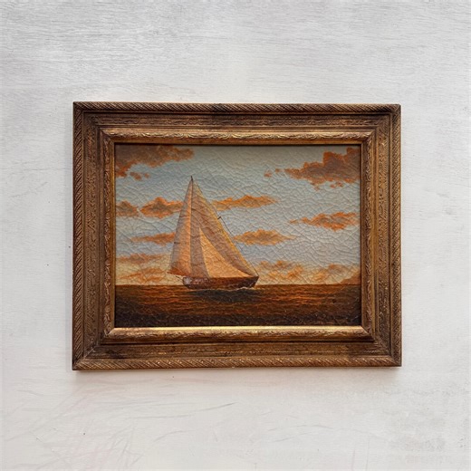 Antique Nautical Oil Painting, Sailboat at Sunset, Craquelure Seascape in Vintage Frame 20.5x16.5in - Etsy