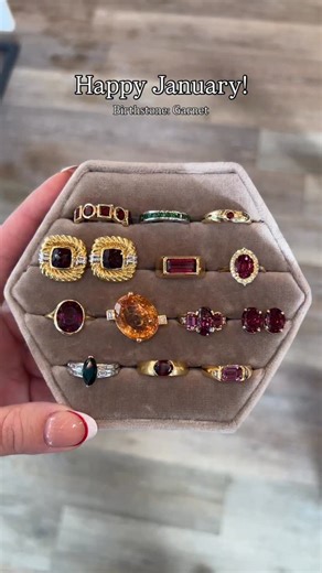 Minneapolis Vintage + Estate Jeweler on Instagram: "Happy New Year and Happy Birthday January babies! 🎉 Garnets are so much more than their classic deep red glow ❤️ While many people think of garnet as a single stone in one signature shade, garnet is actually a family of gemstones- each with its own unique color story! Depending on the variety, garnets can be rich wine red, vibrant orange, soft blush pink, even lush mossy green. Which color would you wear??"