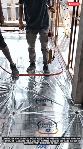 Workers Install Radiant Floor Heating Pipes Beneath the Floor