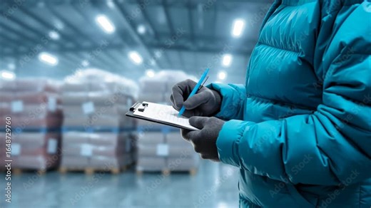 Frozen food delivery service worker checks cold chain shipping documents in warehouse ensuring quality and safety standards for shipping and storage