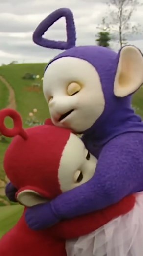 Dressing up is more fun when everyone joins in 💜❤️ #costume #imaginativeplay #dressup #playtime Video: Tinky Winky and Po, the red and purple Teletubbies, take turns wearing a pink tutu.