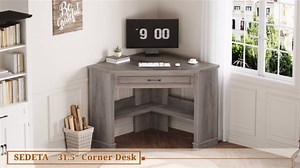 SEDETA Corner Desk for Small Space, Corner Computer Desk, Small Computer Desk with Drawers and Storage Shelves for Home Office, Living Room, Bedroom, Brown