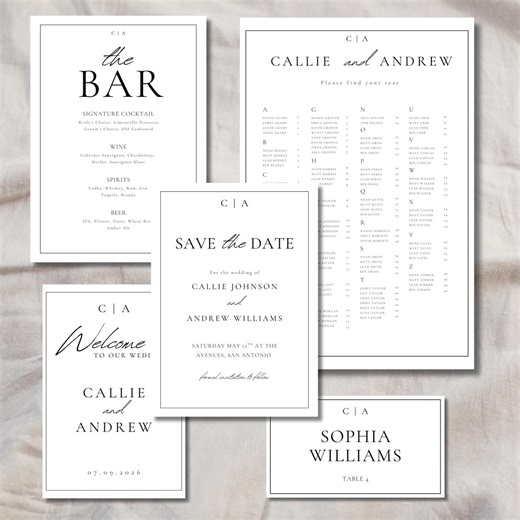 Monogram Wedding Invitation Bundle | Drink Menu | Seating Chart | Save the Date | Place Card | Welcome Sign | Editable Download | Edit Canva - Etsy