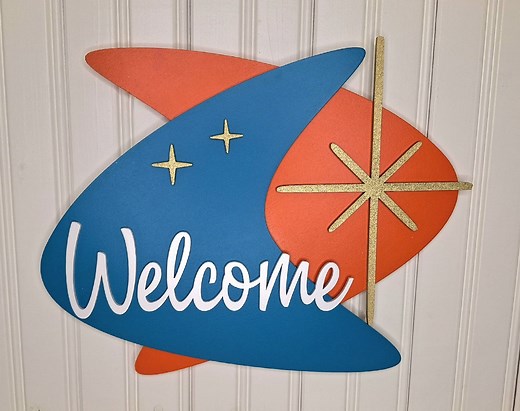 Mid-century Modern Welcome Sign Atomic Boomerang Mid Century Handcrafted Retro MCM Gold Starburst Design for Wall Art - Etsy