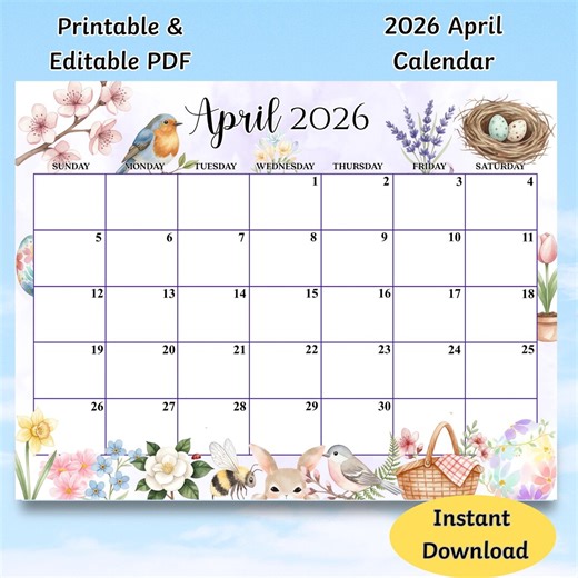 Editable April 2026 Calendar, PDF Editable, Printable Planner, Fillable Organizer for Home, School and Office, Instant Download - Etsy