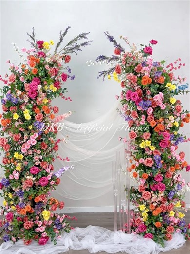 ARCH508🌈Custom Vibrant Multicolor Wedding Horn Arch Every color of the garden comes to life in this whimsical arch. Paired with flowing white tulle, it creates a magical, fairy-tale backdrop for your ceremony.🫧 #dkbflower #dkbcrafts #ColorfulWedding #FloralDesign #RomanticWedding #FestivalWedding #weddingarch #weddingbackdrop