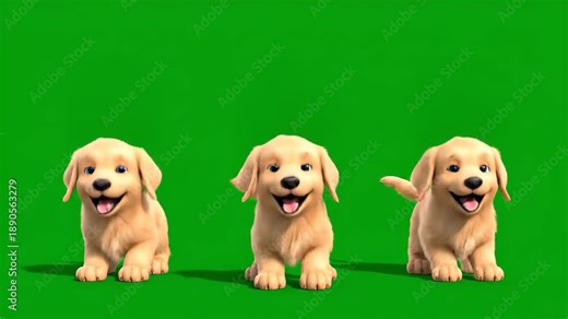 Three animated golden retriever puppies against a green screen background ready for digital compositing and visual effects