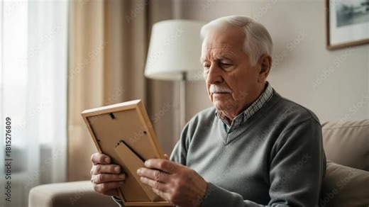 Elderly Man Holding Photograph, Looking Remembering Memory Nostalgia Past Emotion, Tender Expression Evoking Memories, Thoughtful Gazes Reminiscing Poignant Deep Reflection, Senior Gentle Memories