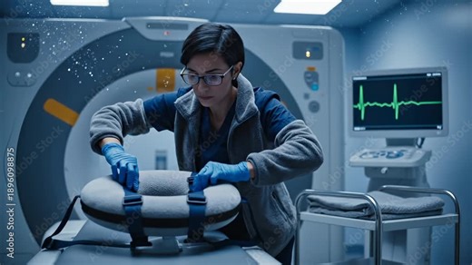 Medical technician prepares MRI scanner table with equipment. Woman adjusts scanner positioning in hospital room. Technician sets MRI table for patient scan. Medical staff prepares MRI equipment.
