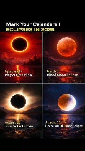 😯👉🌘 Solar & Lunar Eclipses of 2026 — Don’t Miss These Sky Shows! ✨ The year 2026 is packed with breathtaking eclipse events that sky lovers shouldn’t miss. ✅ February 17 — Annular Solar Eclipse (Ring of Fire) On this day, the Moon will move in front of the Sun but won’t cover it completely. This creates a bright, glowing circle called the “Ring of Fire.” Some nearby areas will see a partial eclipse. Remember: always use proper solar viewing glasses for safety. ✅ March 3 — Total Lunar Eclipse