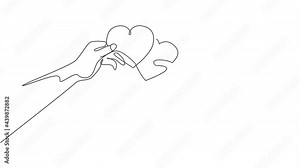 Animated self drawing of single continuous line draw happy man and woman couple holding heart shaped paper and unite it together. Romantic love invitation card concept. Full length one line animation.