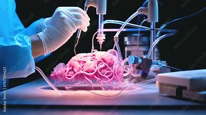 neurological research, showcasing a glowing, intricate brain model connected to a high-tech apparatus, illustrating cutting-edge medical science