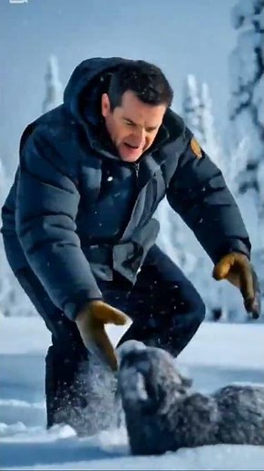 a man saves an animal buried in snow during a storm
