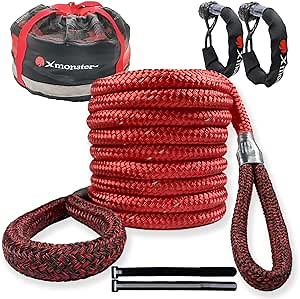 Kinetic Recovery Tow Rope 7/8'' x 30' (MBS 29,000 lbs) with Reflective Tape and 2 Soft Shackles (33,000lbs) Offroad Recovery Kit red