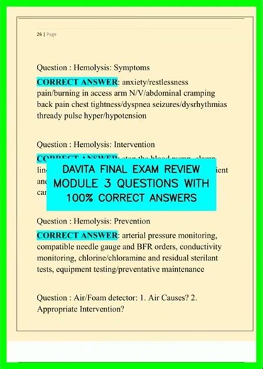 DAVITA FINAL EXAM REVIEW MODULE 3 QUESTIONS WITH 100% CORRECT ANSWERS video