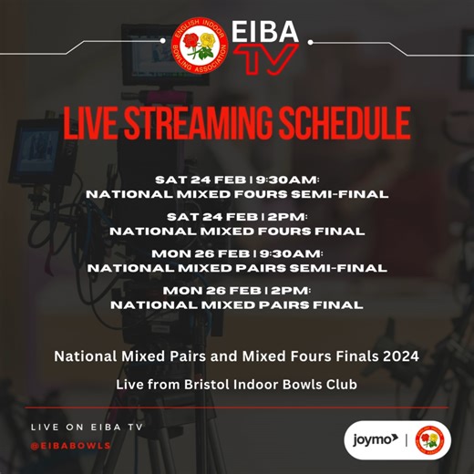 🎥 Don't forget we are live on EIBA TV this weekend for our National Mixed Fours and Mixed Pairs Semi-Finals and Finals! Sign up to watch for free now or watch any of our previous matches again ⬇️ 📲 https://bit.ly/EIBATV #EIBA #NationalFinals #EIBATV #Joymo #LiveStreaming #247TV | English Indoor Bowling Association