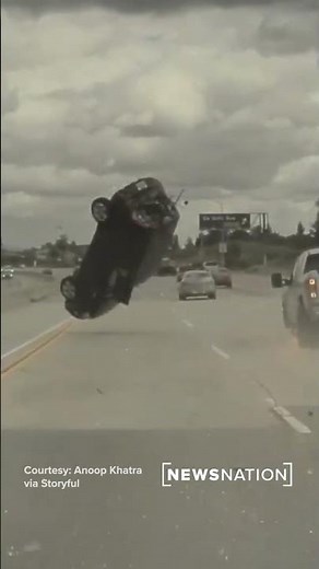 Car flips over after hitting tire lost by pickup on freeway