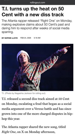 T.I. has officially escalated his feud with 50 Cent, dropping a second diss track titled “Right One” and doubling down on explosive claims about his longtime rival. What started as a Verzuz challenge turned into social media jabs, paperwork allegations and now full-blown musical warfare — with family members even getting pulled into the drama. With no official response track from 50 yet, the question remains: will this stay online or move back to the booth? 👀🔥 Read the entire article on Rollin