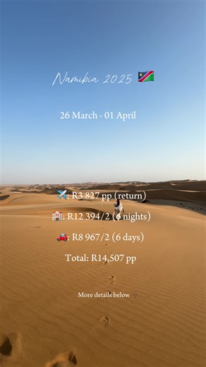Namibia Travel 🇳🇦🇳🇦 2025 Dates: 26 March - 01 April 2025 Flights: JHB - WINDHOEK return ✈️: R3 827 pp return @fly_airlink or R4 261 @flysaa Accommodation: Windhoek : first and last day 26 & 31 March R1 337 pn | Deluxe Residence | R2674 for 2 nights Sesriem ~ Sossusvlei 27 - 29 March R5 103/2 @desertquivercamp (2 nights) Activities: Deadvlei, Dune 45, big daddy & Sesriem Canyon Swakopmund 29 - 31 March (2 nights) R4 617/2 @desertbreezelodge OR R3 402/2 @thestiltz Activities: Desert quad bike 