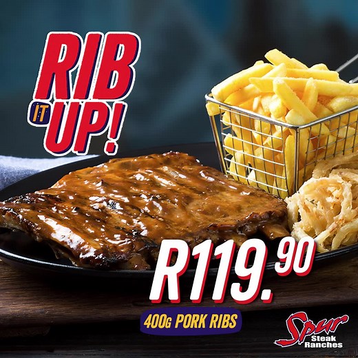 Right now you can Rib It Up with 400g of 24-hour marinated ⏰, slow cooked, flame-seared 🔥 Spur ribs for just R119,90 🤤! And then Top It Up 👆🏼 for only R49,90! What will you be topping it up with? Available nationwide for sit down or Call & Collect till 3 October only. Ts & Cs apply. #SpurRibItUp #SpurRibs | Spur Steak Ranches