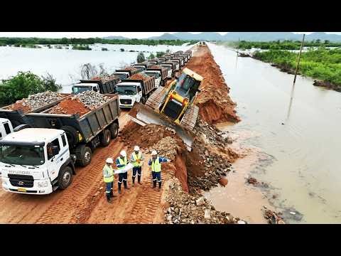 The Amazingly Project New Road Building Over Flooding Use SHANTUI Bulldozer and 24Ton Truck Delivery