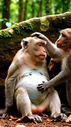 Emotional Moment in the Wild | Pregnant Monkey Cared for by Her Troop in Dense Jungle #monkey