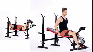 Adjustable Olympic Weight Bench Power Tower Workout Dip Station with Preacher Curl Leg Developer Multi-Functional Weight Bench Set for Indoor Gym Home Fitness Exercise (Black Red)
