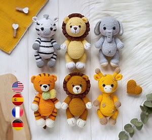 Amigurumi SUPER PACK 5 in 1 Crochet PATTERNS: Tiger, Zebra, Elephant, Giraffe, Lion. Safari Animal Easy Pattern Pdf. Amigurumi and Rattles - Etsy