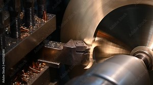 The close-up scene of lathe machine finish cut process the brass shaft material.
