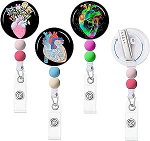 Gctriki Nurse Badge Reels Retractable with Beads, Funny 3 Pcs Cardiac Badge Reels Alligator Clip, Funny Work Badge Clip Retractable, Teacher ID Card Holder (RELA064CA)
