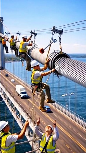 Bridge maintenance crews use rope access techniques to inspect and repair suspension