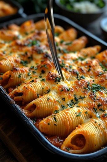 🍅🧀 Cheesy Baked Pasta Shells Golden, bubbly, irresistible comfort classic. 📝 Ingredients: 12 oz large pasta shells or rigatoni 2 cups marinara sauce 1 cup ricotta cheese (optional for stuffing) 2 cups shredded mozzarella 1/2 cup grated Parmesan 2 tbsp olive oil 2 cloves garlic, minced 1 tbsp Italian seasoning 1 tbsp parsley, chopped Salt & pepper to taste 🍴 How to prepare it: 1️⃣ Cook the pasta: Boil shells until al dente for a quick dinner idea and easy family meal. 2️⃣ Prepare the sauce: W