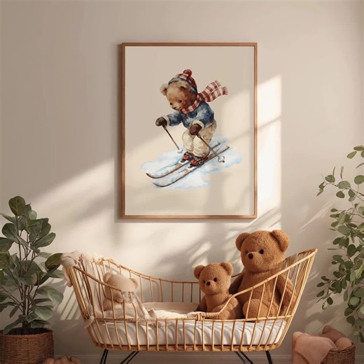 Vintage Skiing Teddy Bear Wall Art, Sports Nursery Theme, Sporty Watercolor Illustration, Boy Sports Room Decor, Ski Lover Gift - Etsy