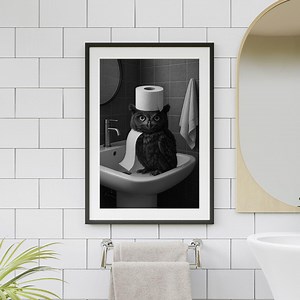 Funny Owl Bathroom Print: Toilet Paper Hat, Humorous Animal Art (Digital Download)