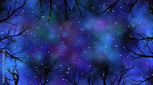 Low level view of scary trees and magical starry night sky in a seamless loop. Perfect frame for background in Halloween events, intros, trailers, etc.