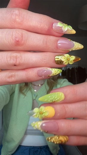 Fresh Summer Nails: Yellow, Green & Gold Glossy Manicure