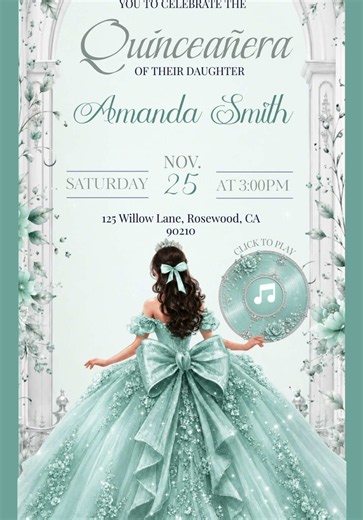 Teal Icy mint Quinceanera invitation website Available now #quinceañera #misquinceaños #quinceanerainvitations #sweet16 #15años