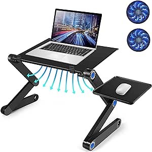 Height Adjustable Laptop Table, Portable Computer Laptop Desk Foldable Table Workstation Notebook Riser with 2 CPU Cooling USB Fans and Mouse Pad, Ergonomic Laptop Stand Holder for Bed Sofa Office