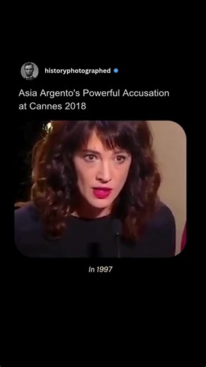 History Photographed on Instagram: "In a truly groundbreaking and "chilling" moment at the 2018 Cannes Film Festival, Italian actress Asia Argento delivered a powerful speech, directly addressing those in the industry complicit in sexual misconduct.⁠ ⁠ She declared Cannes had been Harvey Weinstein's "hunting ground" and warned: "And even tonight, sitting among you, there are those who still have to be held accountable for their conduct against women.⁠ ⁠ You know who you are... and we're not goin