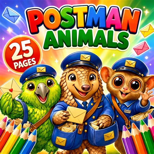 Postman Animals Coloring, 25 Printable JPEG, Animal Mail Carrier Drawing Bundle, Digital Download