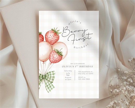Berry First Birthday Invitation, Strawberry First Birthday Invite, Strawberry Party Invite, Girl 1st Birthday, Berry Sweet Party - Etsy