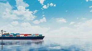 Side view of a big brandless cargo container ship full of various containers passing by at open sea against daytime cloudy sky background. Realistic 3D animation rendered in 4K