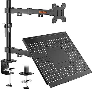 Redbat Monitor and Laptop Mount Stand, Fully Adjustable Monitor Arm with Vented Tray for 13" to 32" LCD Screens and Notebook up to 16", Holds up to 22lbs, VESA Compatible, Dual Mounting Options