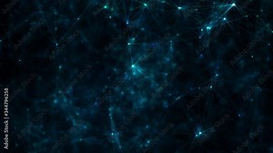 Conceptual mesh of quarks and quantum particles in physical depiction of floating light streaks. Blue shiny glowing 3D animation with selective focus and extreme depth of field on black background.