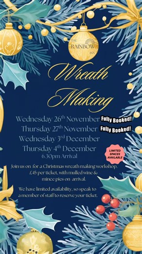 🎄✨ WREATH MAKING WORKSHOP ✨🎄 Get into the festive spirit and create your very own beautiful Christmas wreath! 🌿🎀 Grab a drink, get creative, and enjoy a fun, relaxing session with friends. 🪶 Book your space today! 📞 Call us | 💬 DM us | 🍸 Or pop into the bar ⚠️ Spaces are now limited — don’t miss out! #WreathMaking #ChristmasWorkshop #FestiveFun #LocalEvents #DIYDecor #ChristmasAttherainbowinn | The Rainbow Inn