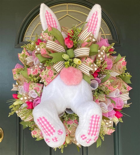 Bunny Bottom Wreath Buffalo Check Spring Farmhouse Easter Bunny Wreath Door Front Decoration Mesh Design Holiday Entrance Display Decor - Etsy