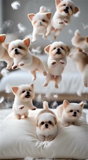 The Mini Shih Tzu Army just triggered a giant pillow explosion 😳🛏️🐶 Soft chaos or total madness?