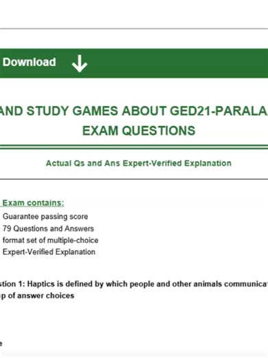 FREE AND STUDY GAMES ABOUT GED21-PARALANGUAGE EXAM QUESTIONS Actual Qs and Ans Expert-Verified Explanation This Exam contains: -Guarantee passing score -79 Questions and Answers -format set of multiple-choice -Expert-Verified Explanation Question 1: Haptics is defined by which people and other animals communicate via touch.Group of answer choices True False Answer: True Question 2: 12 to 25 feet Answer: Public Distance Question 3: The paralanguage messages that can be observed through face to fa