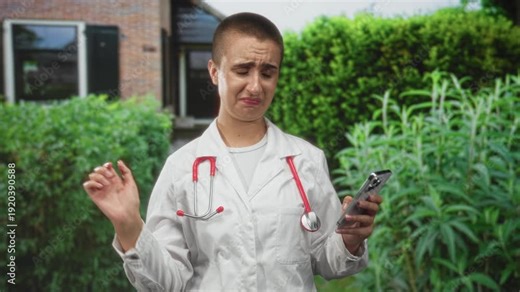 Woman doctor in white coat with red stethoscope holding smartphone and making disgusted face while giving thumbs down in garden; disgust rejection.